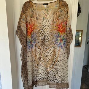 VENUS cover up Beige Sheer Animal Print Tunic with Multicolor Floral Motifs